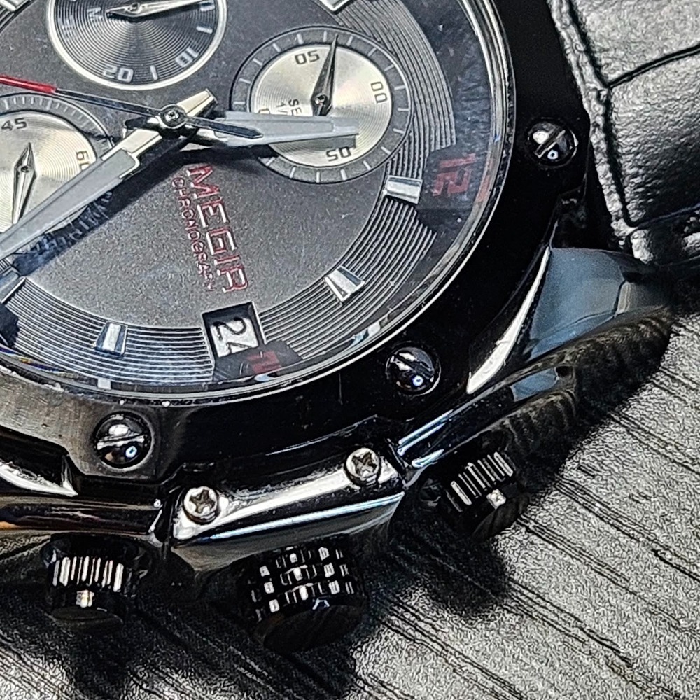 Megir Chronograph Mens Watch M-2074 Black Dial Red Accents Date Leather Strap